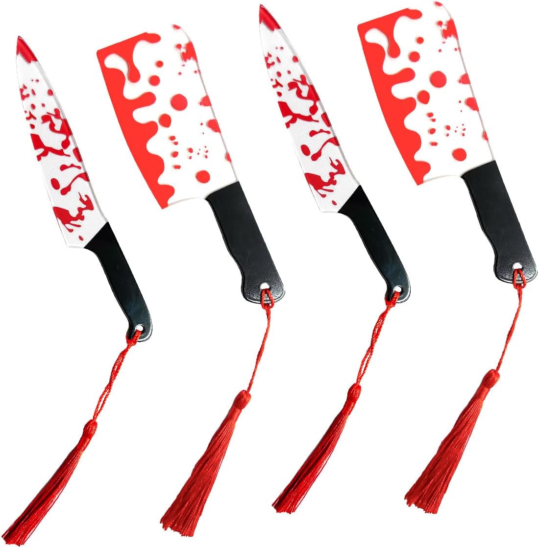 4PCS Creative Knife Shape Bookmarks Set – Unique Blood Pattern Design with Tassels, Fun Reading Markers for Students and Book Lovers
