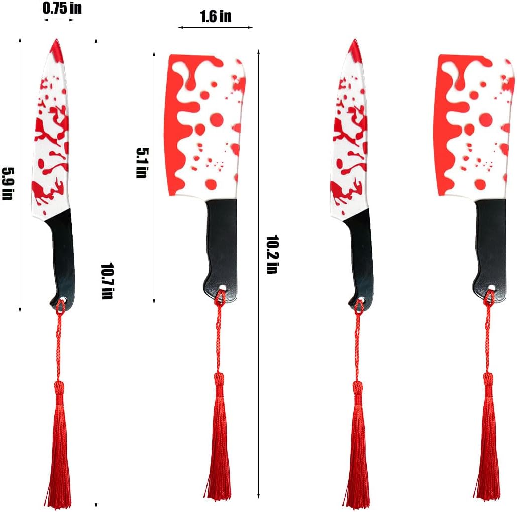 4PCS Creative Knife Shape Bookmarks Set – Unique Blood Pattern Design with Tassels, Fun Reading Markers for Students and Book Lovers