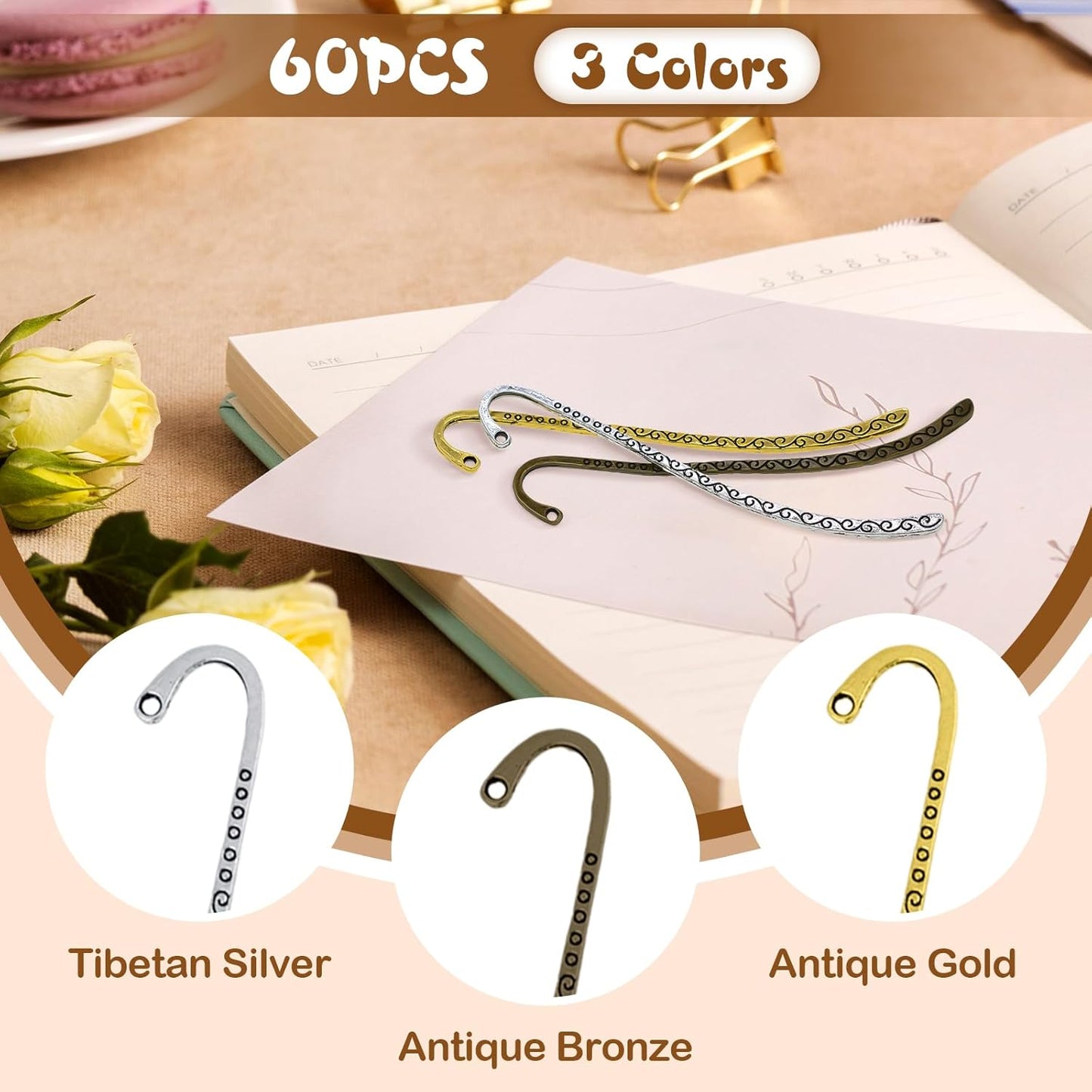 60 Pieces Metal Bookmark Hook Set β Vintage Engraved Alloy Page Clips for DIY Charms