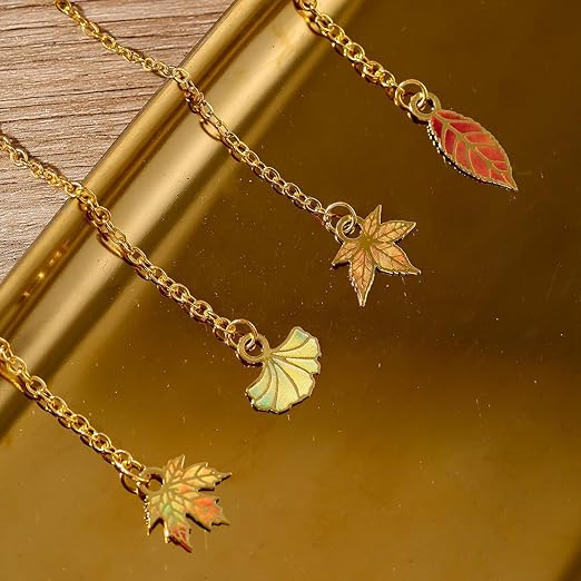 4 Pieces Leaf Metal Bookmark Set β Autumn Maple & Ginkgo Design with Hanging Chains