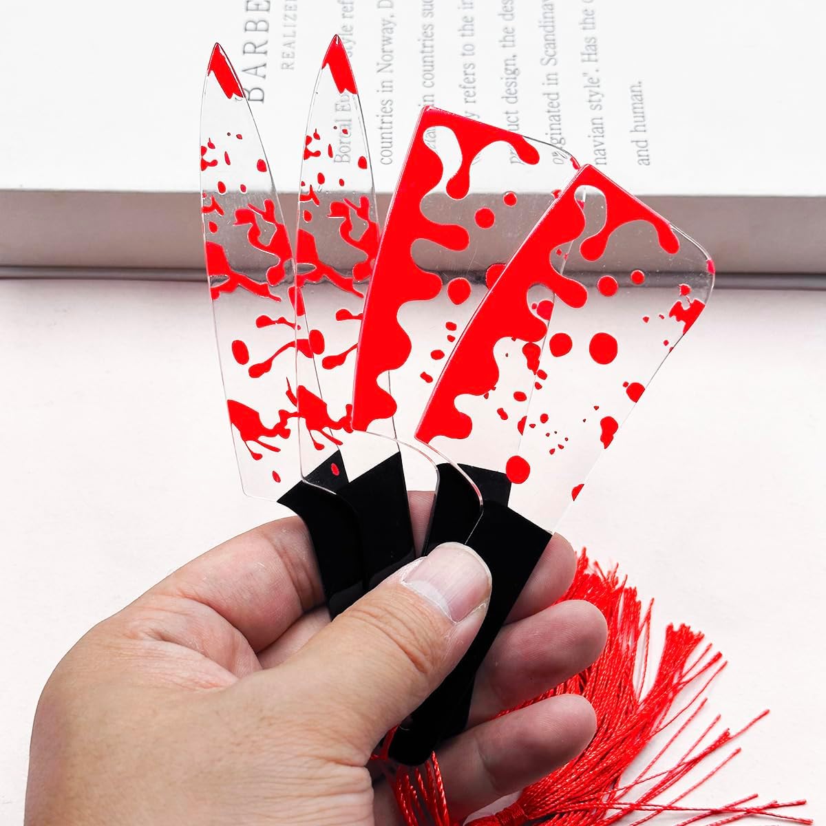 4PCS Creative Knife Shape Bookmarks Set – Unique Blood Pattern Design with Tassels, Fun Reading Markers for Students and Book Lovers