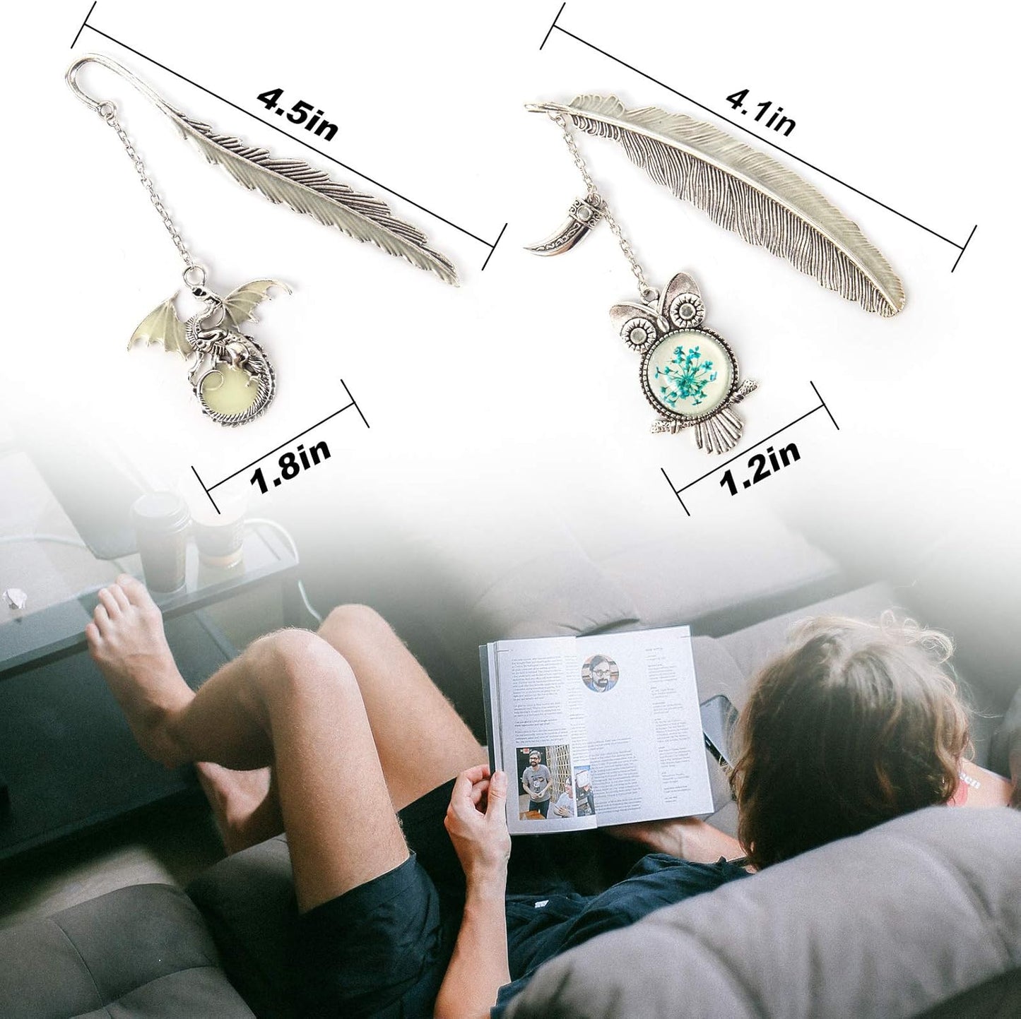 2 Pieces Feather Metal Bookmark Set – Vintage Owl & Dragon Pendant Page Clips