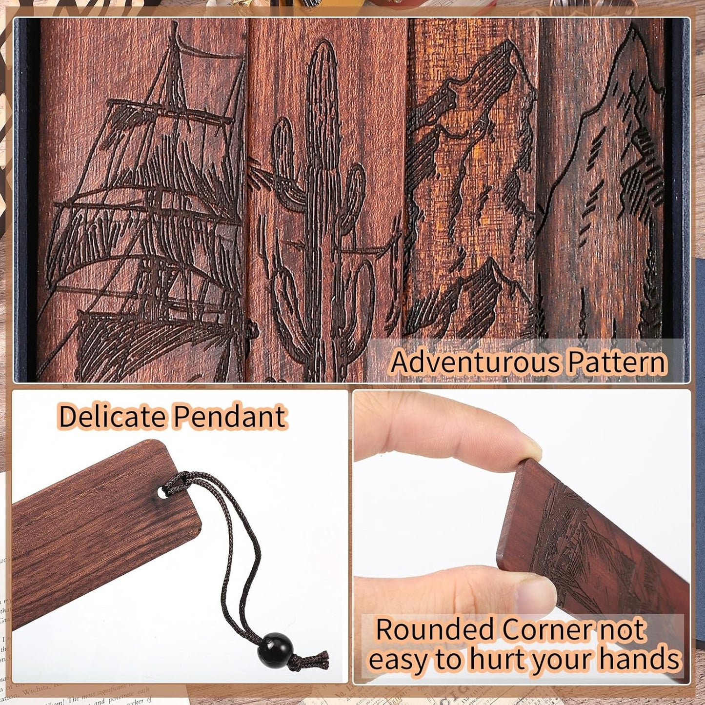 4 Pieces Wooden Carved Bookmark Set β Vintage Handcrafted Page Clips with Gift Box