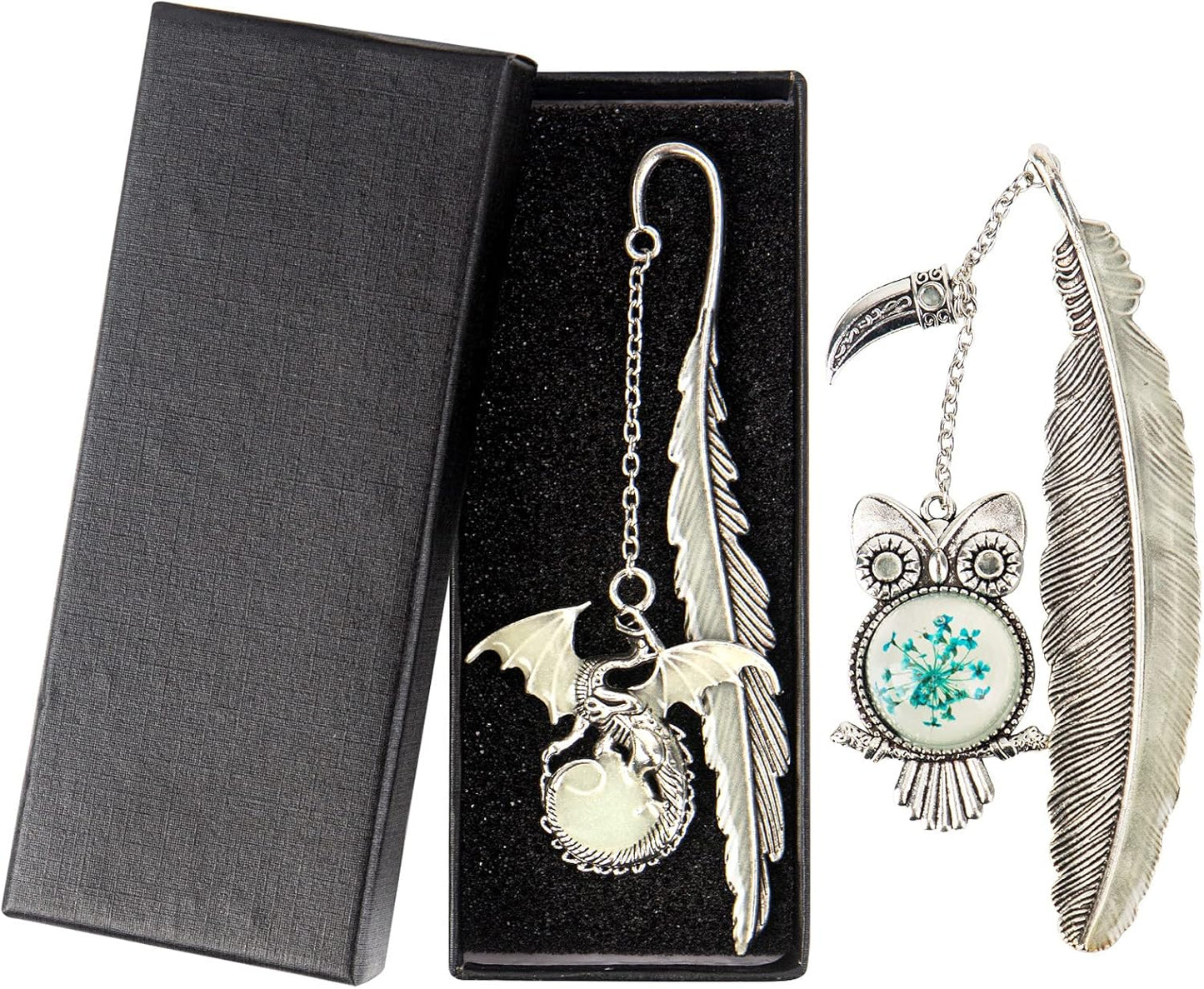 2 Pieces Feather Metal Bookmark Set – Vintage Owl & Dragon Pendant Page Clips