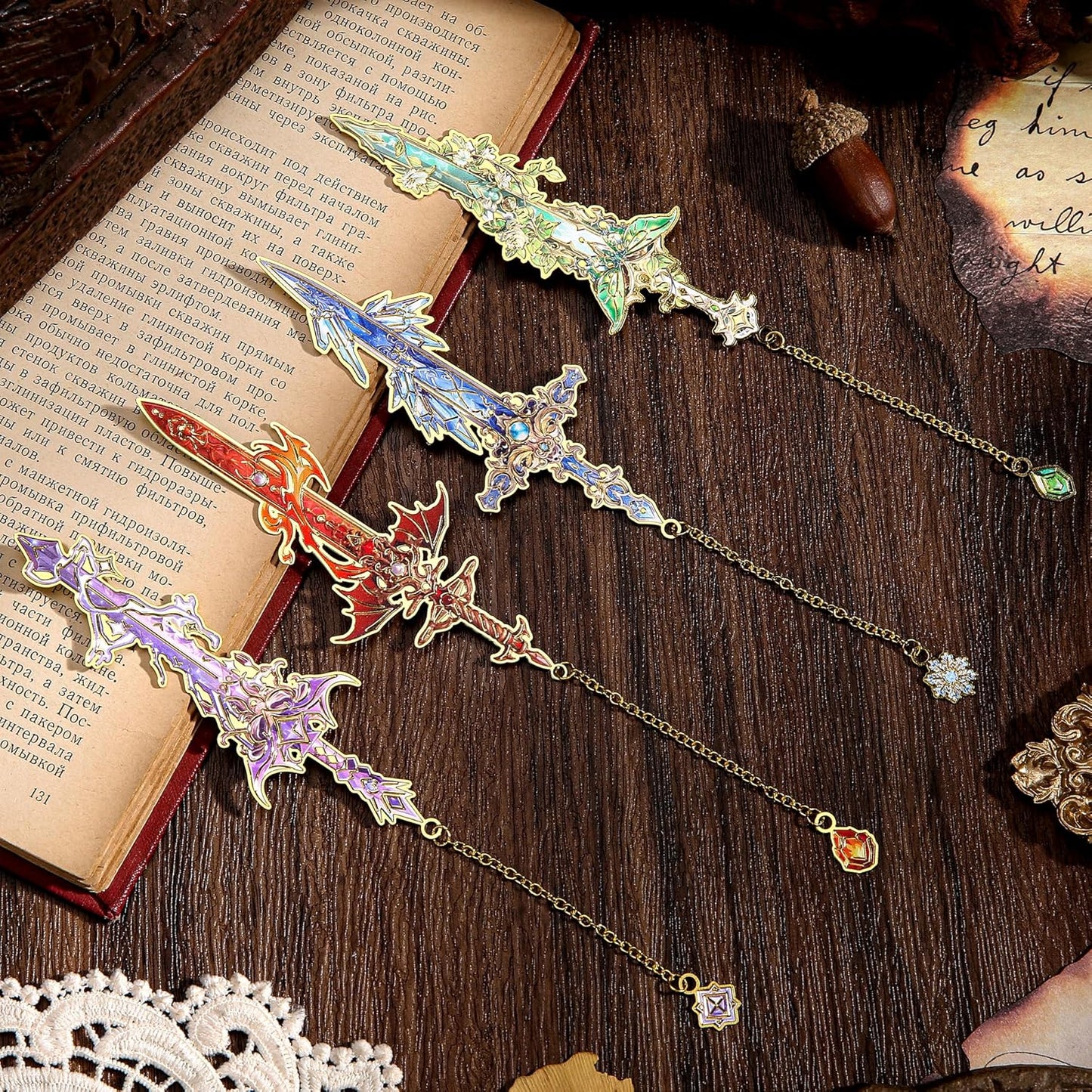 4 Pieces Metal Sword Bookmark Set – Creative Fantasy Alloy Page Clips with Charms
