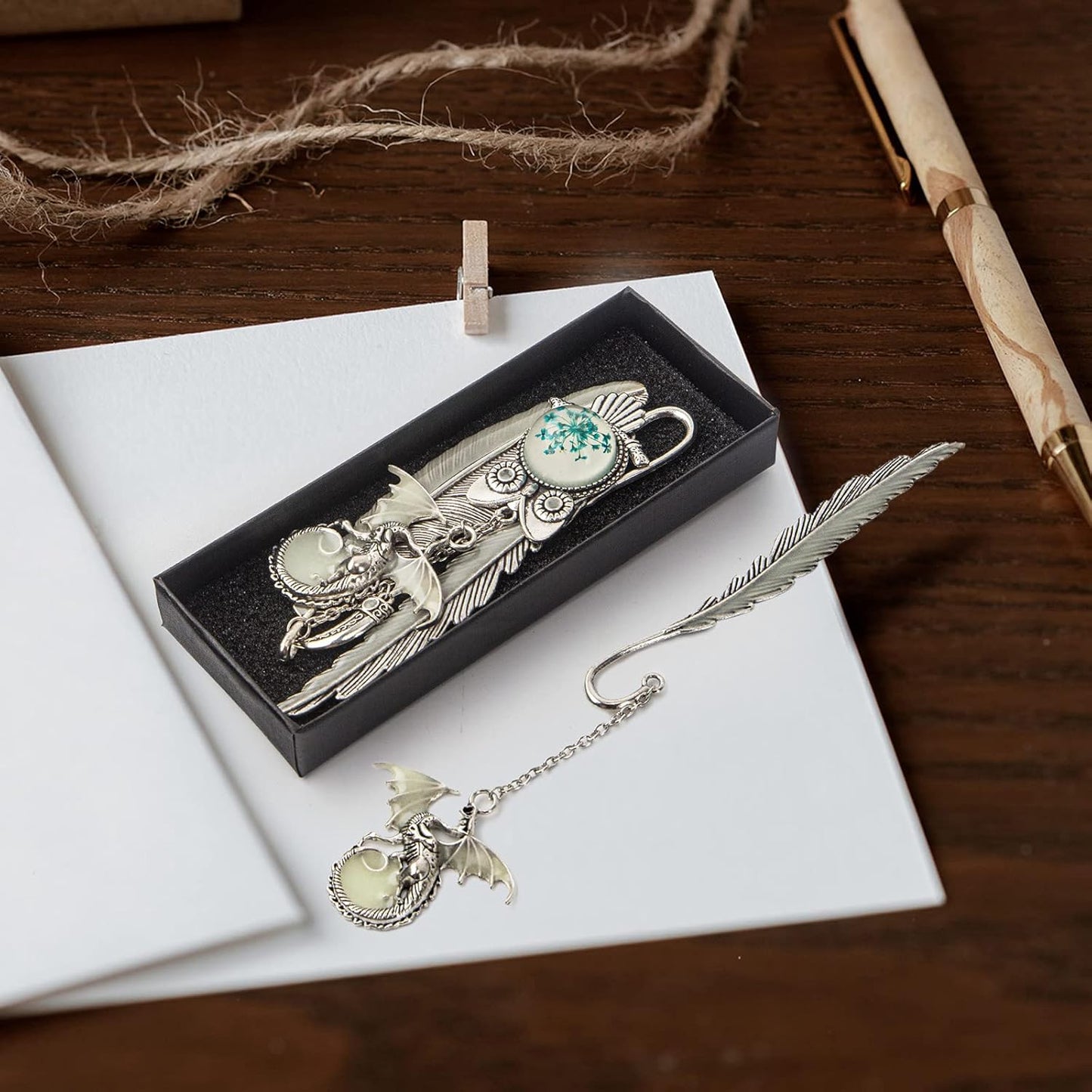 2 Pieces Feather Metal Bookmark Set – Vintage Owl & Dragon Pendant Page Clips