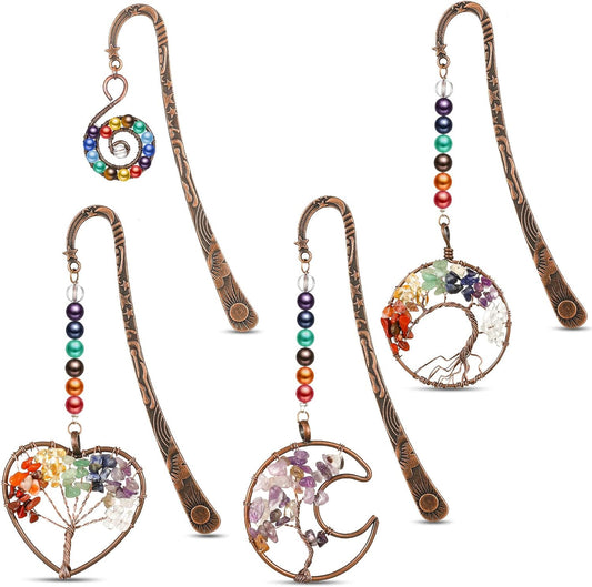 4 Pieces Metal Pendant Bookmark Set – Vintage Page Clips with Beads and Creative Charms