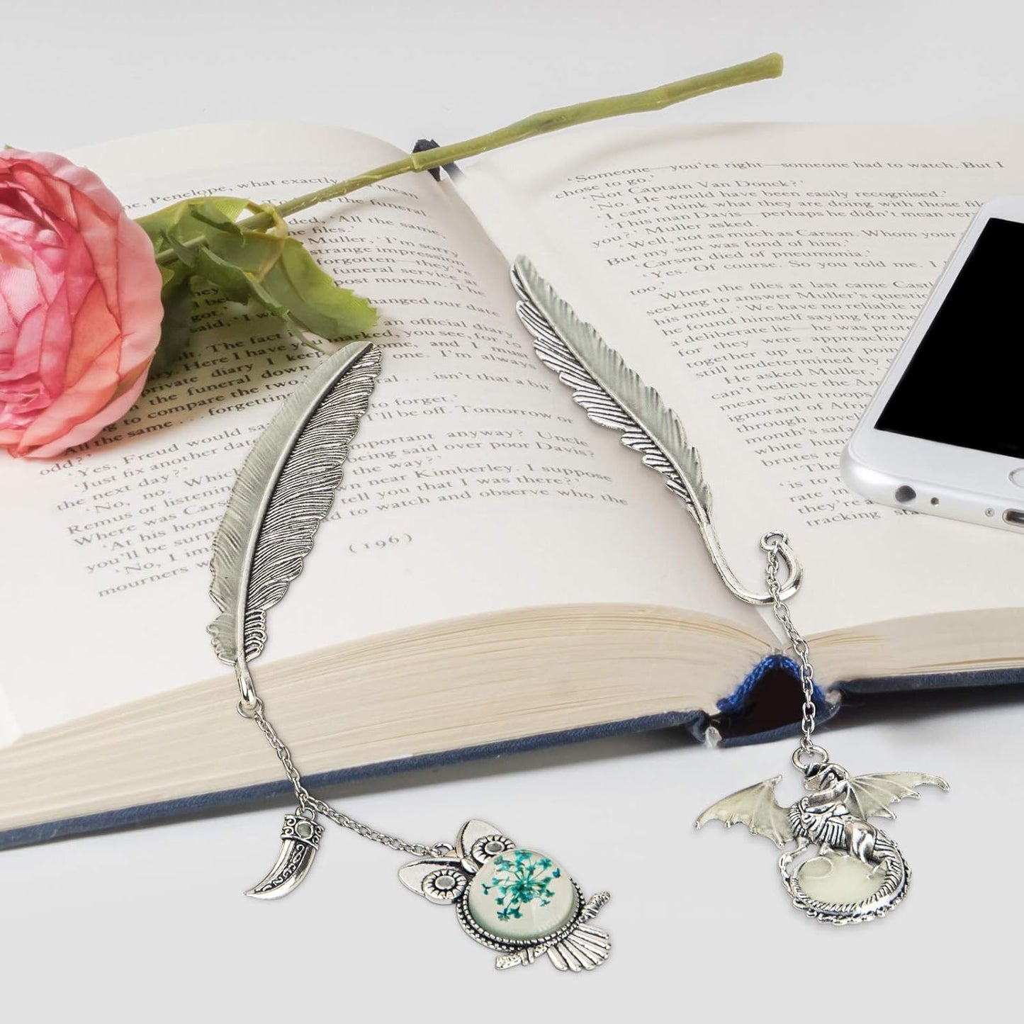 2 Pieces Feather Metal Bookmark Set – Vintage Owl & Dragon Pendant Page Clips