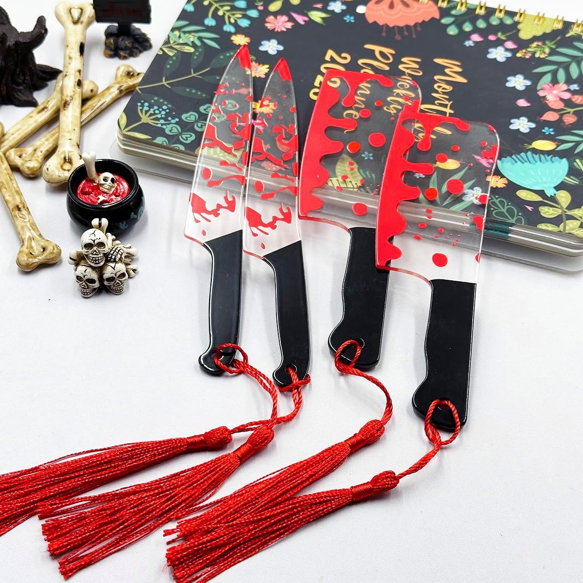 4PCS Creative Knife Shape Bookmarks Set – Unique Blood Pattern Design with Tassels, Fun Reading Markers for Students and Book Lovers
