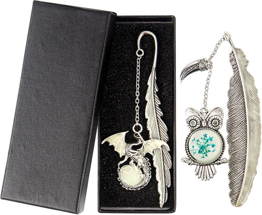 2 Pieces Feather Metal Bookmark Set – Vintage Owl & Dragon Pendant Page Clips