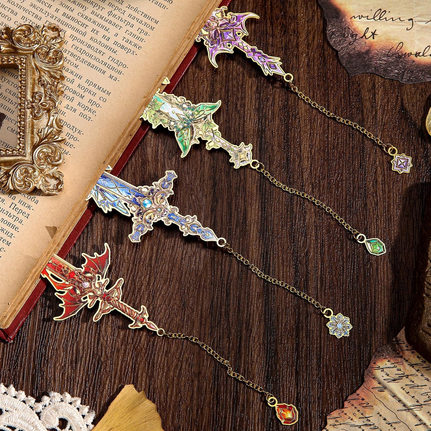 4 Pieces Metal Sword Bookmark Set – Creative Fantasy Alloy Page Clips with Charms