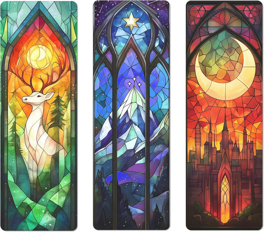3 Pieces Stained Glass Style Bookmark Set – Deer, Mountain, and Moon Castle Designs