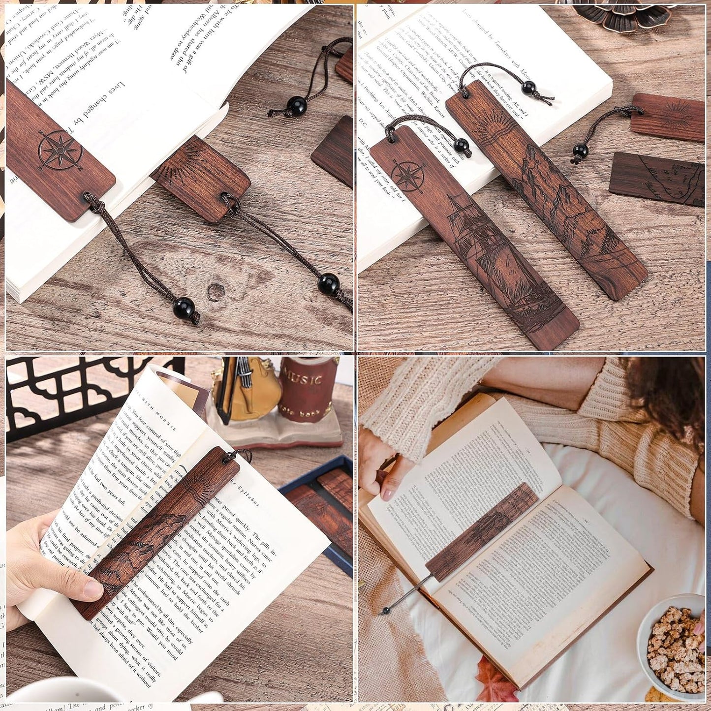 4 Pieces Wooden Carved Bookmark Set – Vintage Handcrafted Page Clips with Gift Box