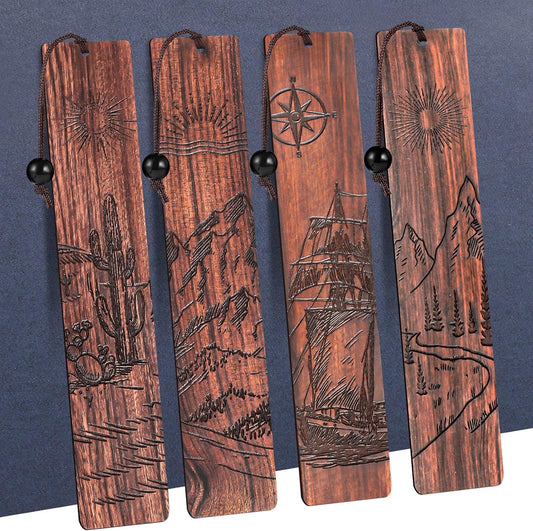 4 Pieces Wooden Carved Bookmark Set – Vintage Handcrafted Page Clips with Gift Box