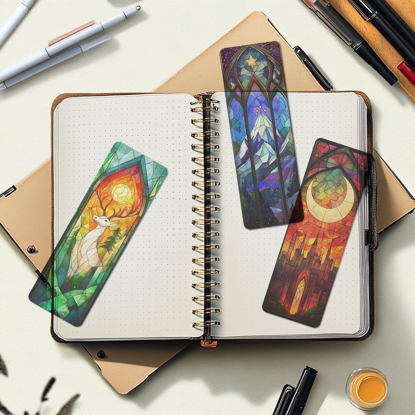 3 Pieces Stained Glass Style Bookmark Set – Deer, Mountain, and Moon Castle Designs